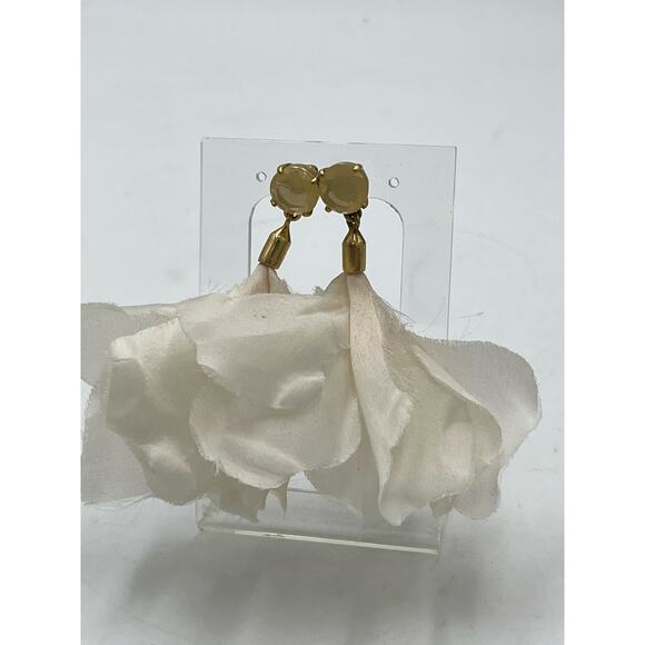 Gold Tone Ivory Fabric Tulip Drop Rhinestone Dangle Flowing Earrings - Picture 5 of 10